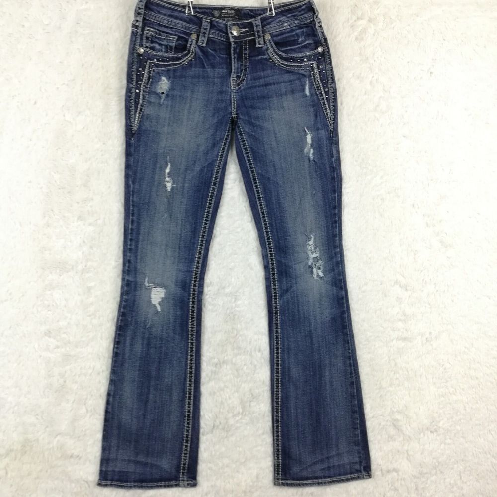 Silver Jeans Womens Aiko Boot Cut Blue Denim Studded Ripped Stone Wash 28
